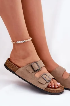 Hot Evento Klapki Damskie Z Klamrami Na Korkowej Platformie Beżowe Galurena