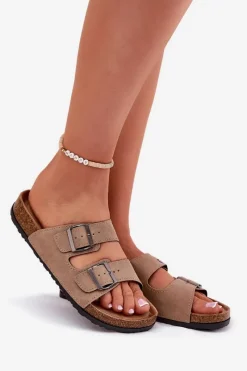 Hot Evento Klapki Damskie Z Klamrami Na Korkowej Platformie Beżowe Galurena