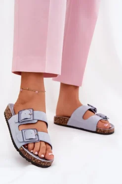 Sale Boto Klapki Damskie Z Klamrami Na Korkowej Podeszwie e Sercele Niebieski