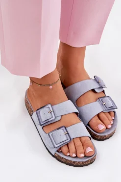 Sale Boto Klapki Damskie Z Klamrami Na Korkowej Podeszwie e Sercele Niebieski