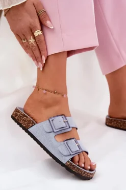 Sale Boto Klapki Damskie Z Klamrami Na Korkowej Podeszwie e Sercele Niebieski