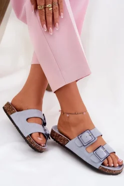 Sale Boto Klapki Damskie Z Klamrami Na Korkowej Podeszwie e Sercele Niebieski