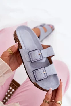 Sale Boto Klapki Damskie Z Klamrami Na Korkowej Podeszwie e Sercele Niebieski