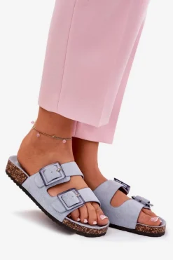 Sale Boto Klapki Damskie Z Klamrami Na Korkowej Podeszwie e Sercele Niebieski