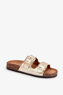 Best Boto Klapki Damskie Z Klamrami Na Korkowej Podeszwie Złote Sercele