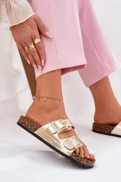 Best Boto Klapki Damskie Z Klamrami Na Korkowej Podeszwie Złote Sercele