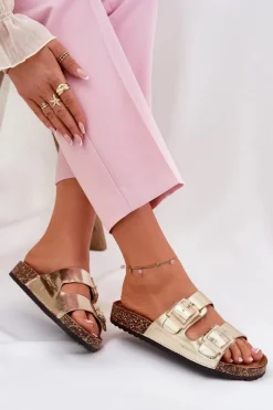 Best Boto Klapki Damskie Z Klamrami Na Korkowej Podeszwie Złote Sercele