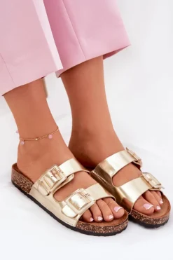 Best Boto Klapki Damskie Z Klamrami Na Korkowej Podeszwie Złote Sercele