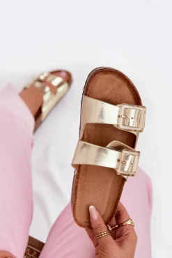 Best Boto Klapki Damskie Z Klamrami Na Korkowej Podeszwie Złote Sercele