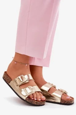 Best Boto Klapki Damskie Z Klamrami Na Korkowej Podeszwie Złote Sercele