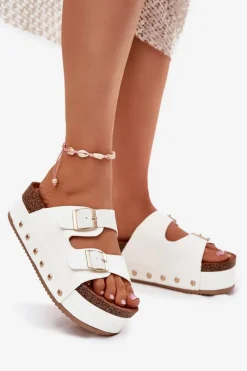 Clearance Boto Klapki Damskie Z Klamrami Na Masywnej Platformie Białe Odisene