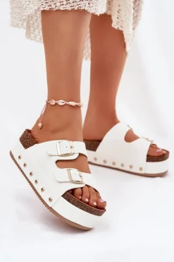 Clearance Boto Klapki Damskie Z Klamrami Na Masywnej Platformie Białe Odisene