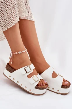 Clearance Boto Klapki Damskie Z Klamrami Na Masywnej Platformie Białe Odisene