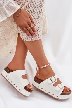 Clearance Boto Klapki Damskie Z Klamrami Na Masywnej Platformie Białe Odisene