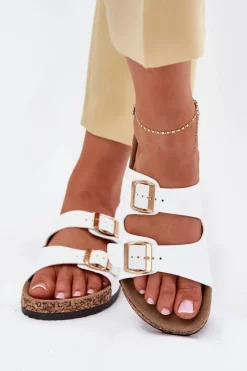 Clearance Evento Klapki Damskie Z Klamrami Z Eko Skóry Białe Iskira Biały