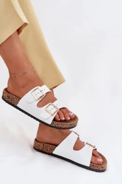 Clearance Evento Klapki Damskie Z Klamrami Z Eko Skóry Białe Iskira Biały