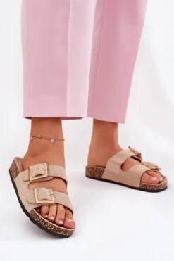 Klapki Korkowe|Klapki Na Platformie>Boto Klapki Damskie Z Klamrami Na Korkowej Podeszwie Beżowe Sercele Beżowy