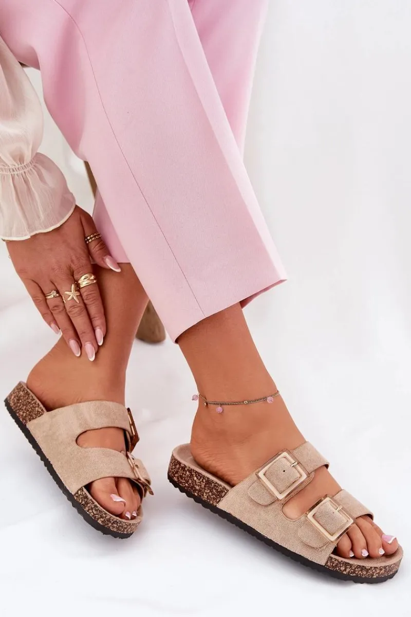 Klapki Korkowe|Klapki Na Platformie>Boto Klapki Damskie Z Klamrami Na Korkowej Podeszwie Beżowe Sercele Beżowy