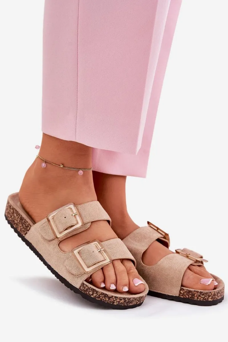 Klapki Korkowe|Klapki Na Platformie>Boto Klapki Damskie Z Klamrami Na Korkowej Podeszwie Beżowe Sercele Beżowy