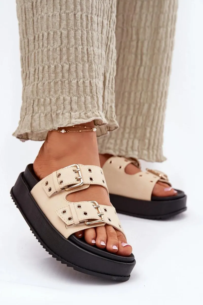 Klapki Na Platformie|Klapki Damskie Klasyczne>Boto Klapki Damskie Z Klamrami Na Platformie Beżowe Nilatha Beżowy