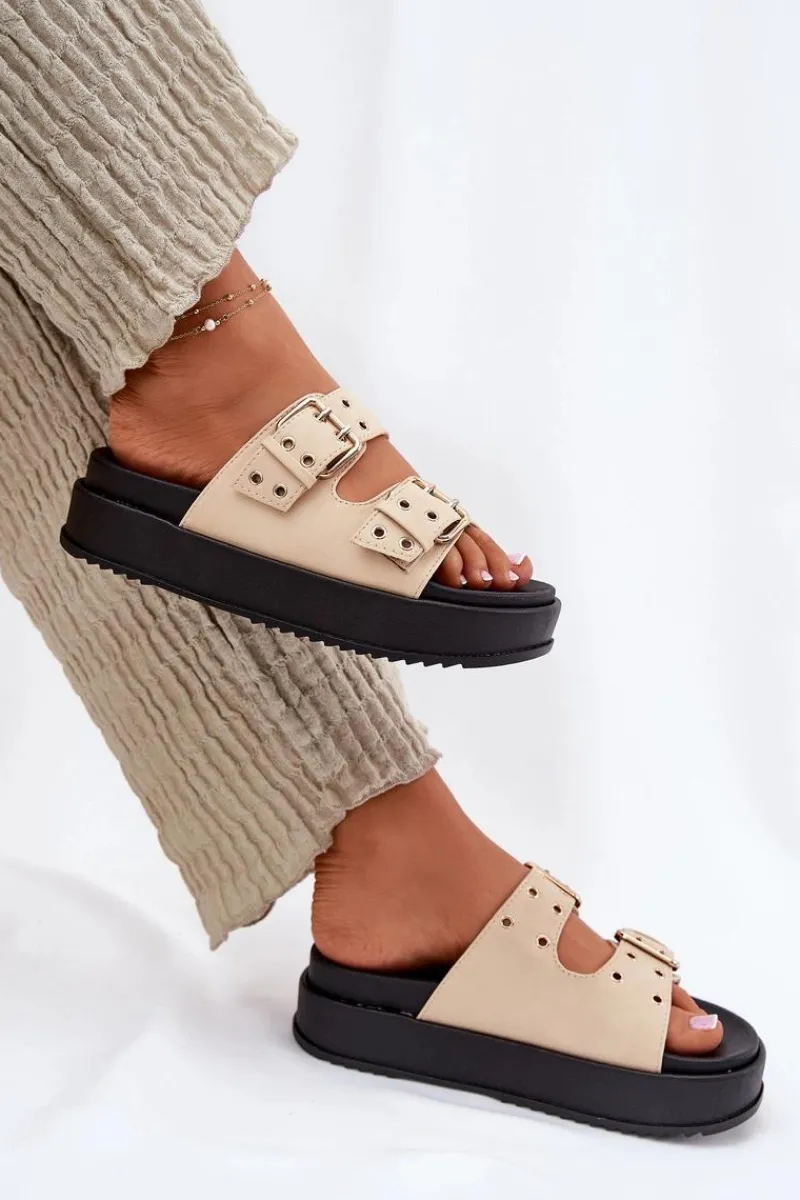 Klapki Na Platformie|Klapki Damskie Klasyczne>Boto Klapki Damskie Z Klamrami Na Platformie Beżowe Nilatha Beżowy