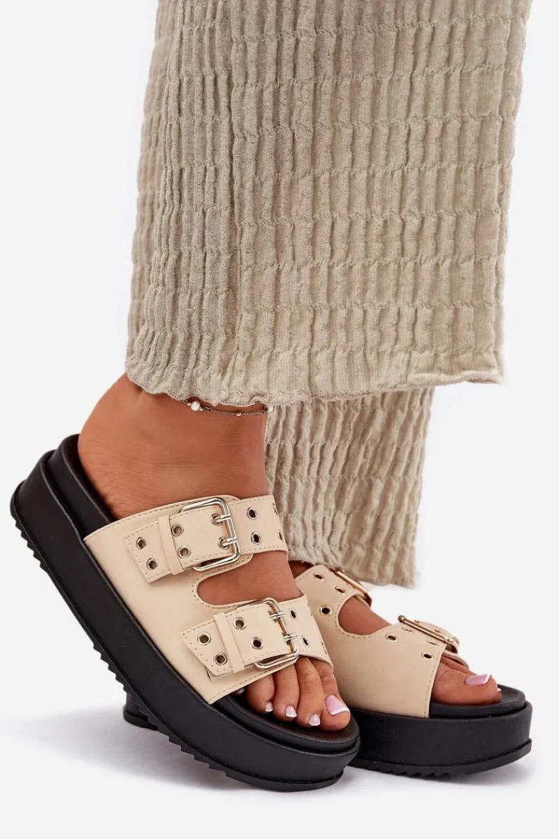 Klapki Na Platformie|Klapki Damskie Klasyczne>Boto Klapki Damskie Z Klamrami Na Platformie Beżowe Nilatha Beżowy