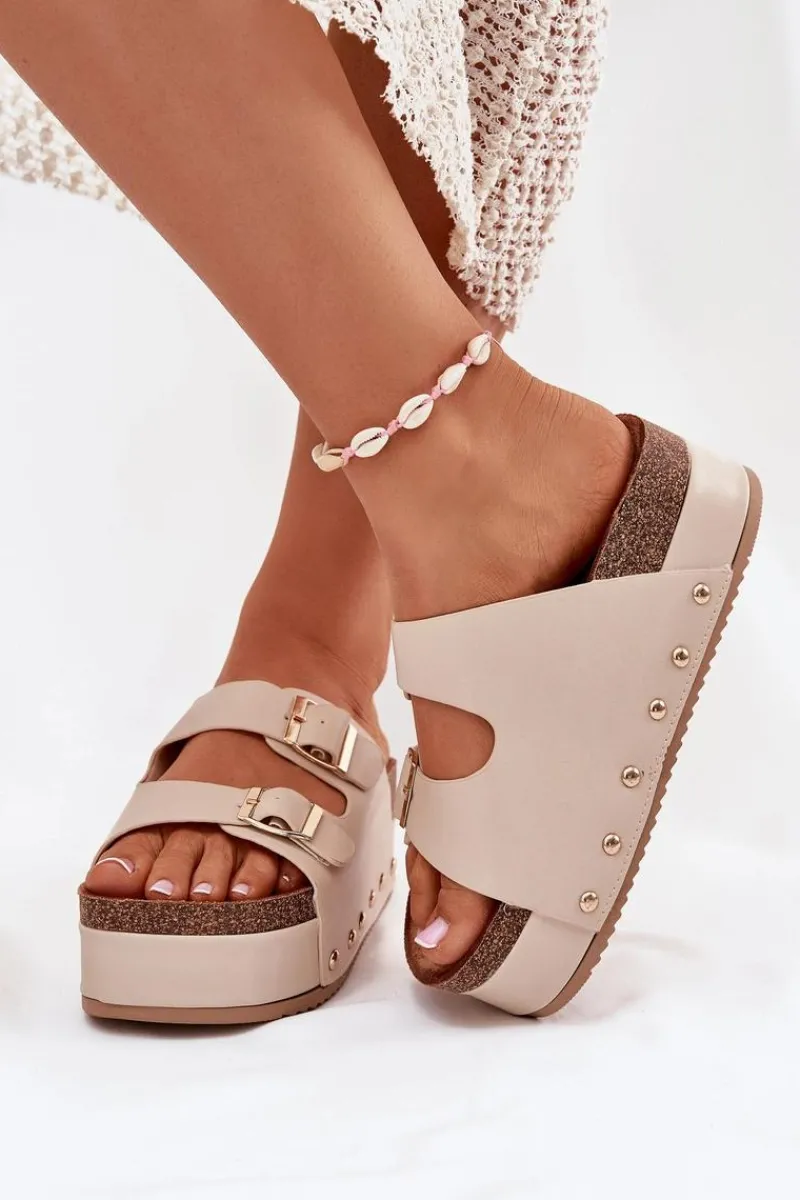 Klapki Korkowe|Klapki Na Platformie>Boto Klapki Damskie Z Klamrami Na Masywnej Platformie Beżowe Odisene