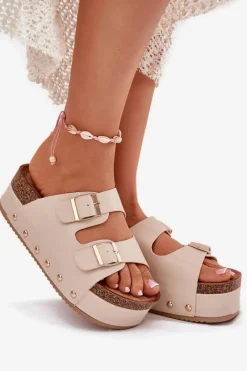 Klapki Korkowe|Klapki Na Platformie>Boto Klapki Damskie Z Klamrami Na Masywnej Platformie Beżowe Odisene