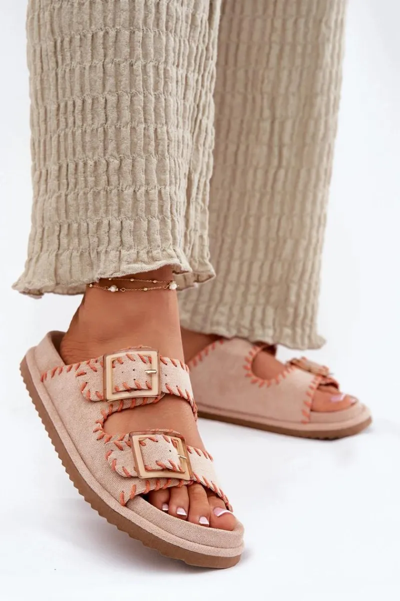 Klapki Na Platformie|Klapki Damskie Klasyczne>Boto Klapki Damskie Z Klamrami I Ozdobnym Obszyciem Beżowe Visley Beżowy