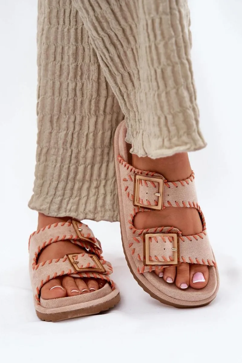 Klapki Na Platformie|Klapki Damskie Klasyczne>Boto Klapki Damskie Z Klamrami I Ozdobnym Obszyciem Beżowe Visley Beżowy