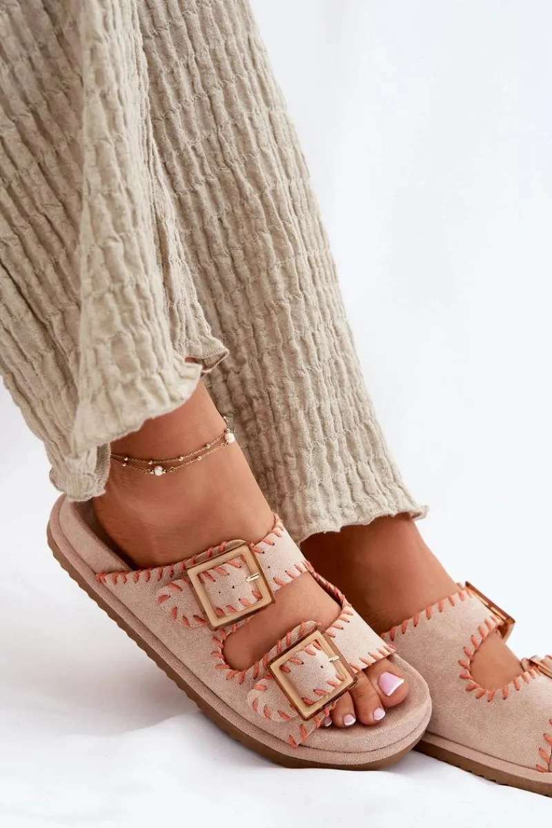 Klapki Na Platformie|Klapki Damskie Klasyczne>Boto Klapki Damskie Z Klamrami I Ozdobnym Obszyciem Beżowe Visley Beżowy