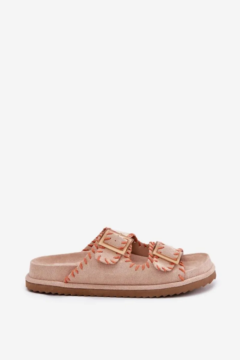 Klapki Na Platformie|Klapki Damskie Klasyczne>Boto Klapki Damskie Z Klamrami I Ozdobnym Obszyciem Beżowe Visley Beżowy