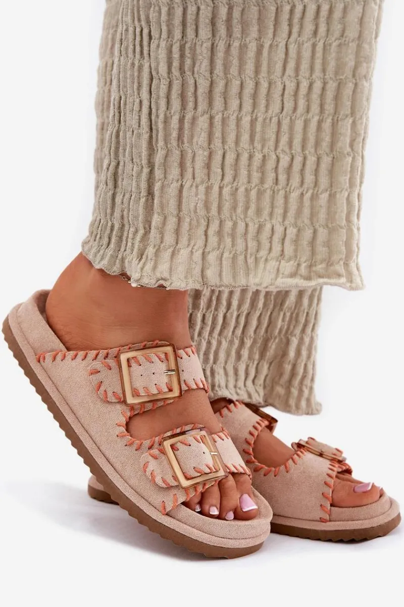 Klapki Na Platformie|Klapki Damskie Klasyczne>Boto Klapki Damskie Z Klamrami I Ozdobnym Obszyciem Beżowe Visley Beżowy