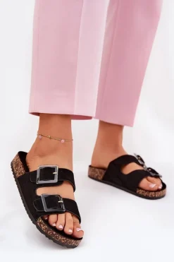 Outlet Klapki Damskie Z Klamrami Na Korkowej Podeszwie Czarne Sercele Damskie Klapki Korkowe|Klapki Na Platformie