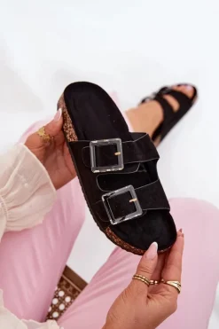 Outlet Klapki Damskie Z Klamrami Na Korkowej Podeszwie Czarne Sercele Damskie Klapki Korkowe|Klapki Na Platformie