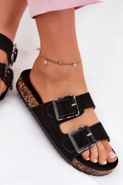 Outlet Klapki Damskie Z Klamrami Na Korkowej Podeszwie Czarne Sercele Damskie Klapki Korkowe|Klapki Na Platformie