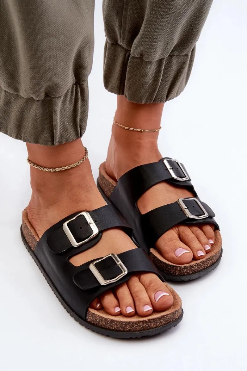 Klapki Korkowe|Klapki Damskie Klasyczne>Boto Klapki Damskie Z Klamrami Czarne Oliena Czarny