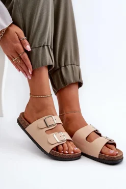 New Boto Klapki Damskie Z Klamrami Beżowe Oliena Beżowy