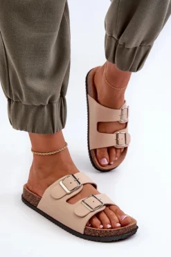 New Boto Klapki Damskie Z Klamrami Beżowe Oliena Beżowy