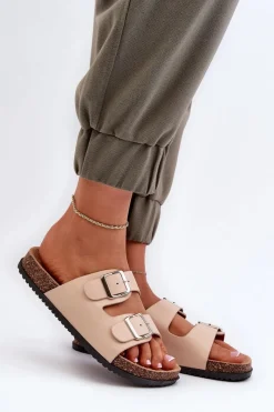 New Boto Klapki Damskie Z Klamrami Beżowe Oliena Beżowy