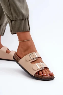 New Boto Klapki Damskie Z Klamrami Beżowe Oliena Beżowy