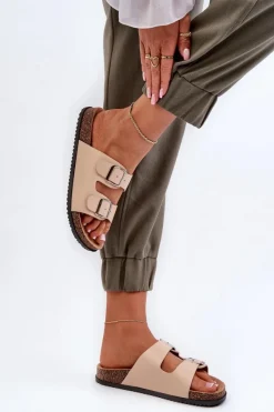 New Boto Klapki Damskie Z Klamrami Beżowe Oliena Beżowy