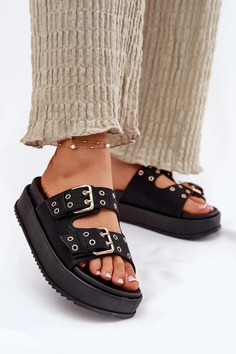 Klapki Na Platformie|Klapki Damskie Klasyczne>Boto Klapki Damskie Z Klamrami Na Platformie Czarne Nilatha