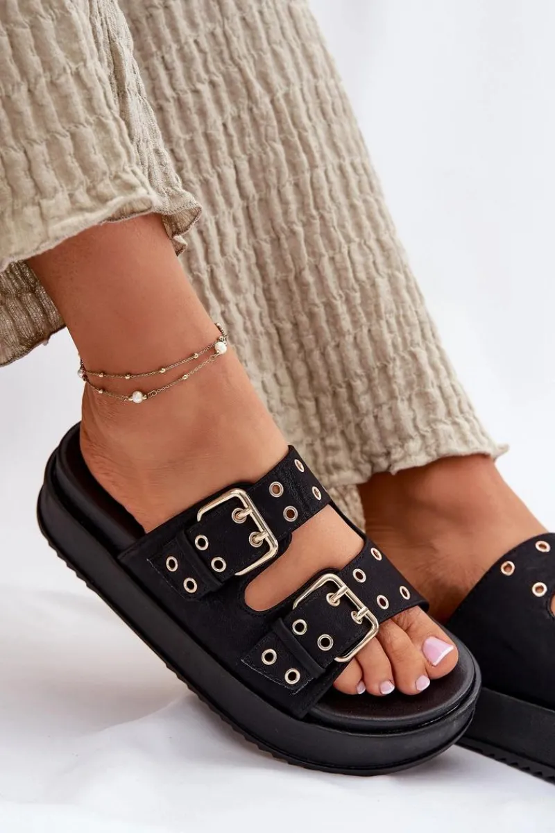 Klapki Na Platformie|Klapki Damskie Klasyczne>Boto Klapki Damskie Z Klamrami Na Platformie Czarne Nilatha