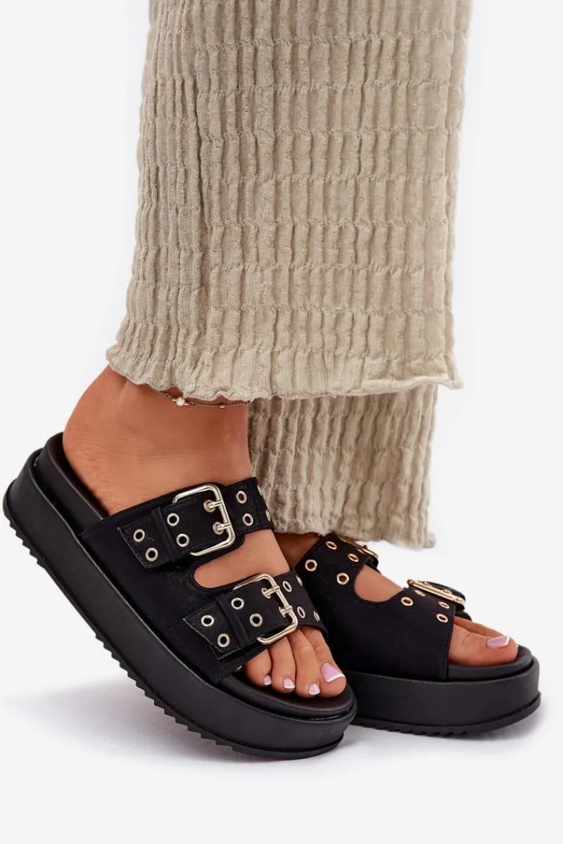 Klapki Na Platformie|Klapki Damskie Klasyczne>Boto Klapki Damskie Z Klamrami Na Platformie Czarne Nilatha