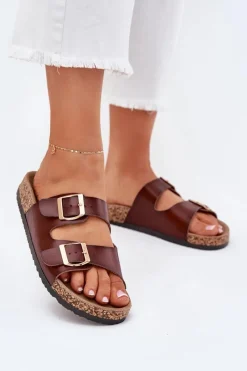 Klapki Korkowe|Klapki Na Platformie>Evento Klapki Damskie Z Klamrami Z Eko Skóry Brązowe Iskira Brązowy