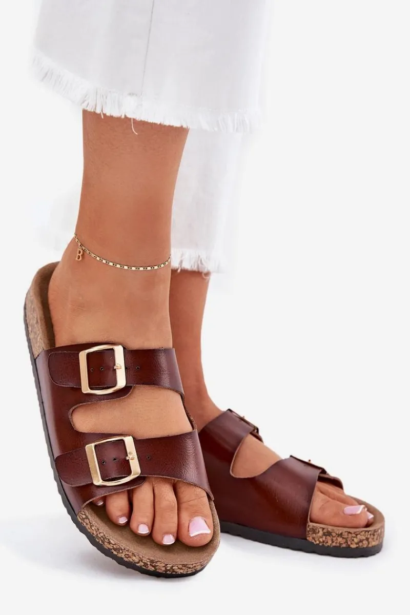 Klapki Korkowe|Klapki Na Platformie>Evento Klapki Damskie Z Klamrami Z Eko Skóry Brązowe Iskira Brązowy