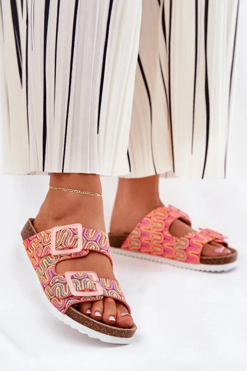 New Klapki Damskie Z Klamrami I Brokatem S.Barski RB51-006 Pomarańczowe Damskie Klapki Korkowe|Klapki Na Platformie