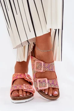 New Klapki Damskie Z Klamrami I Brokatem S.Barski RB51-006 Pomarańczowe Damskie Klapki Korkowe|Klapki Na Platformie