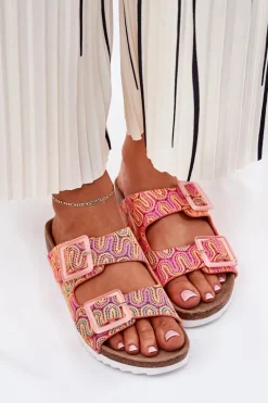 New Klapki Damskie Z Klamrami I Brokatem S.Barski RB51-006 Pomarańczowe Damskie Klapki Korkowe|Klapki Na Platformie